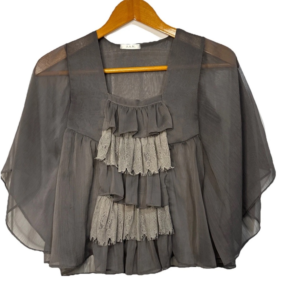 J.A.K. Women’s S Tiered Ruffle Front Sheer Blouse Fairy Boho Peasant Ethereal